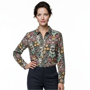 Talbots Multicolor Country Blue Pink Floral Button Up Shirt Size Small